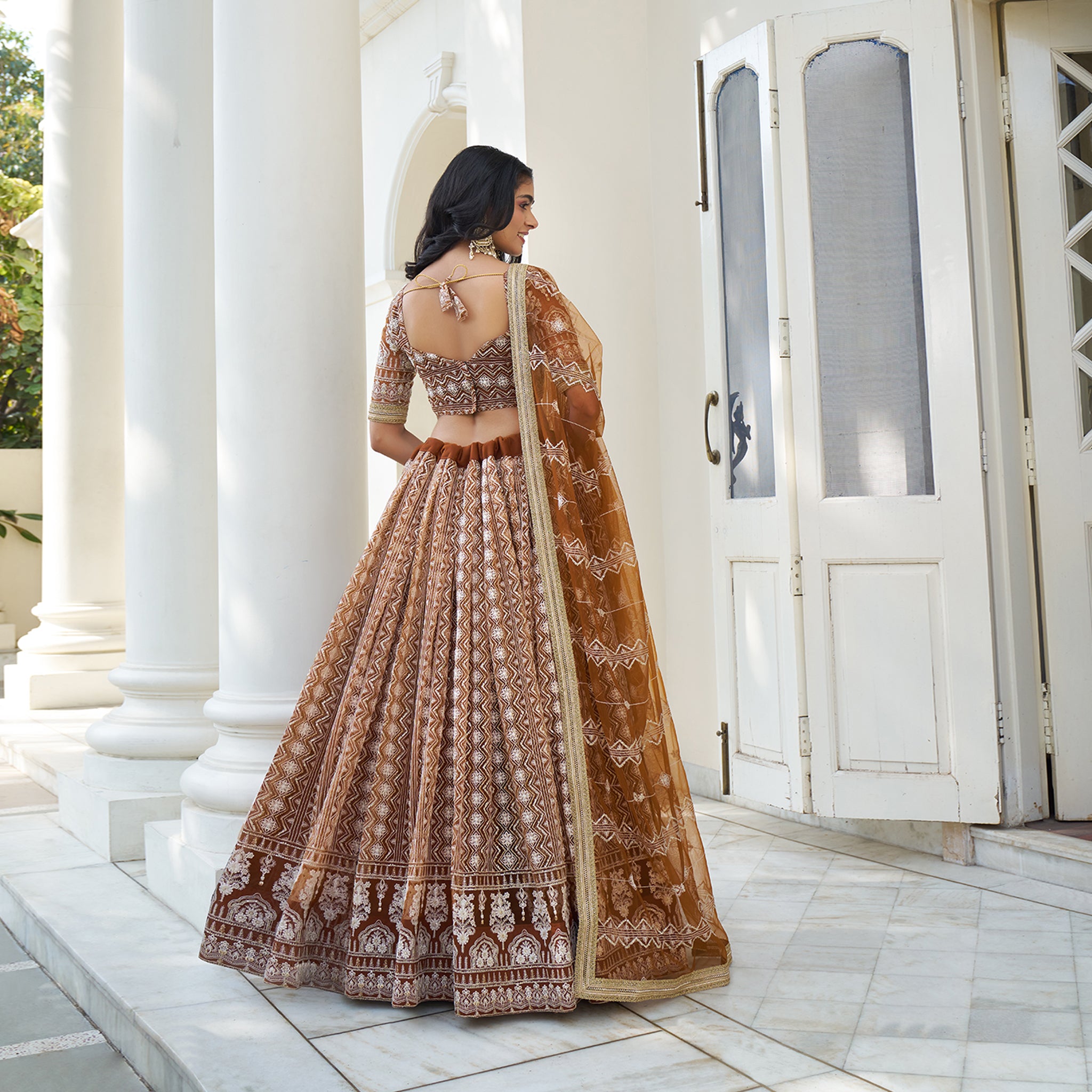 Elina Fashion Brown color Butterfly Net Embroidery Work  Lehenga Choli for Women