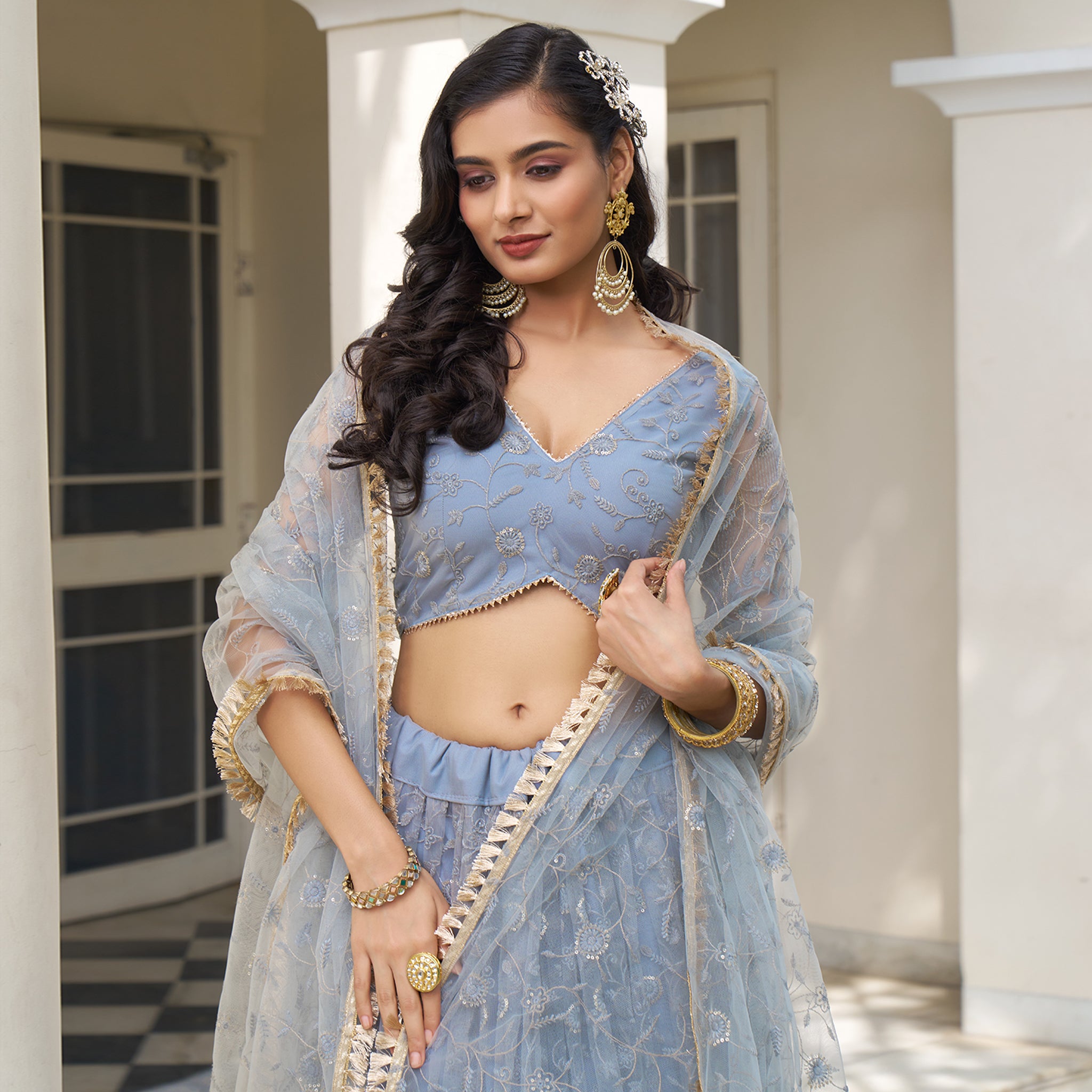 Elina Fashion Blue color Butterfly Net Embroidery Work Lehenga Choli for Women