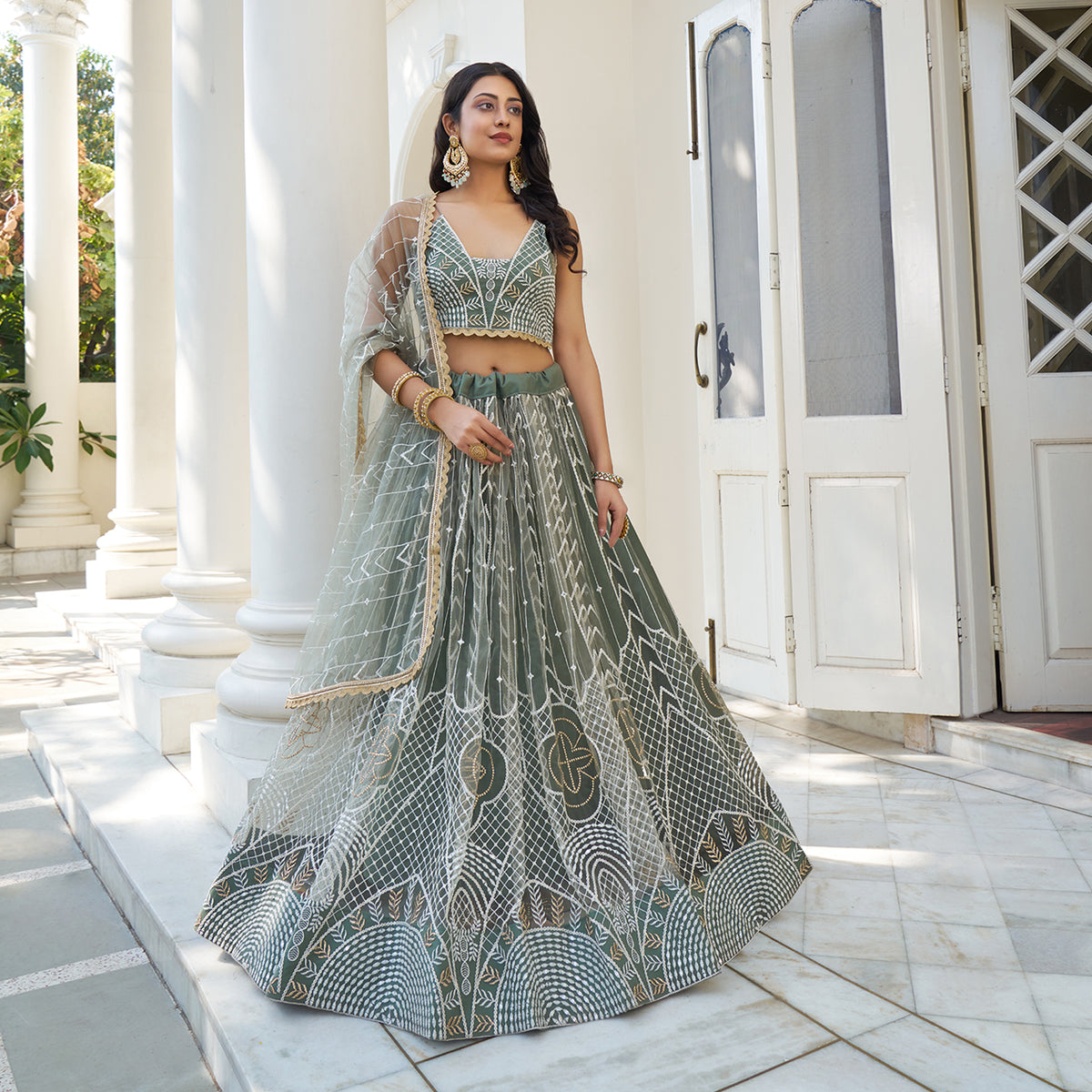 Elina Fashion Dusty Green color Butterfly Net Embroidery Work  Lehenga Choli for Women