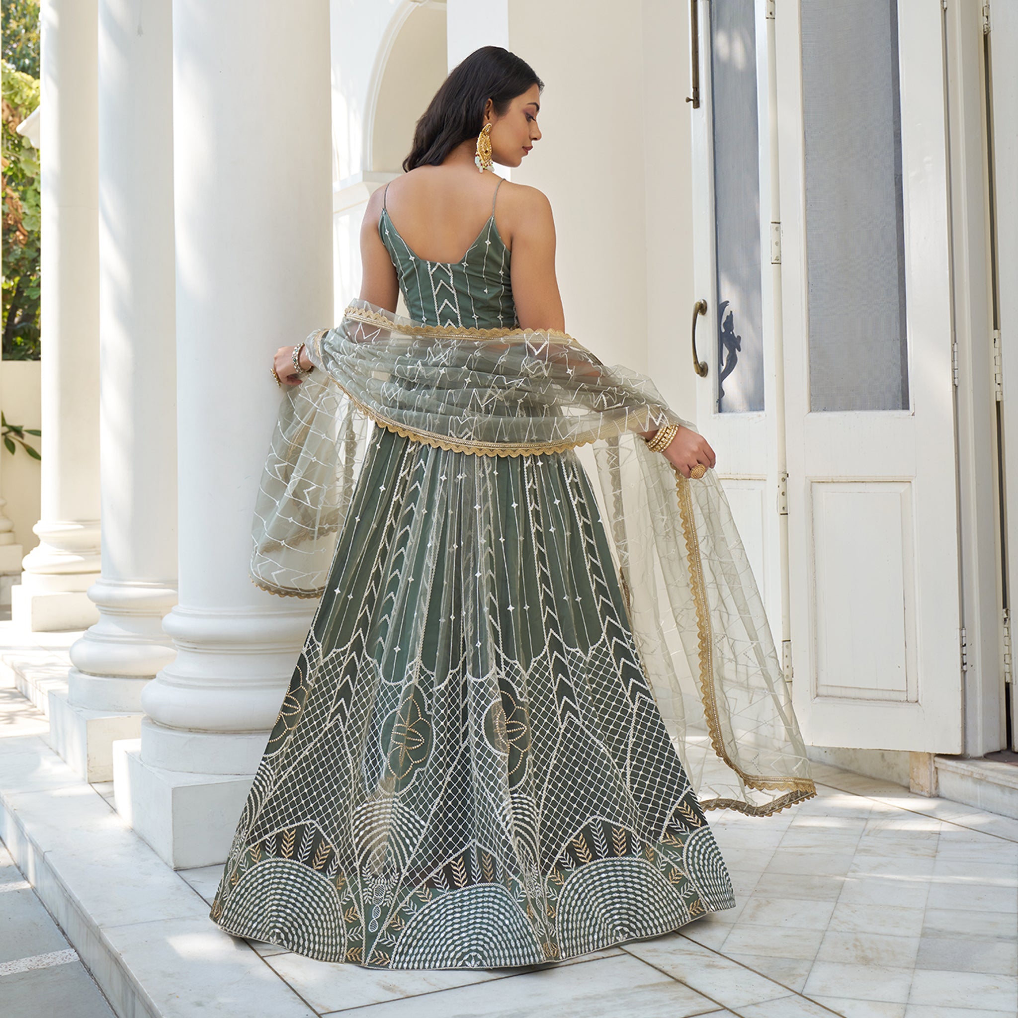 Elina Fashion Dusty Green color Butterfly Net Embroidery Work  Lehenga Choli for Women