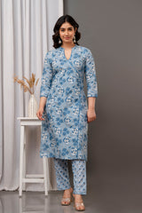 Blue Ready to Wear Cotton Printed Salwar Suit with Bottom Dupatta