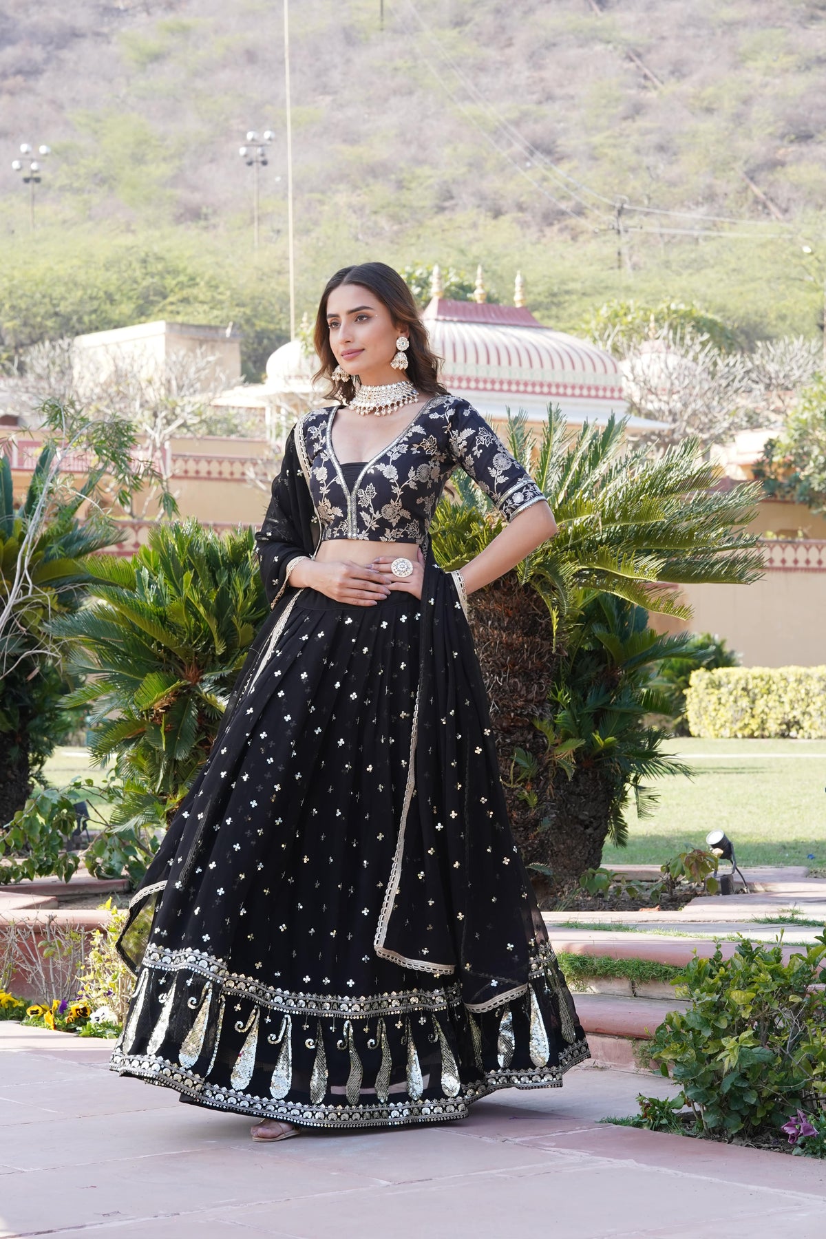 Elina Fashion Black color Faux Georgette Embroidery Work Lehenga Choli for Women