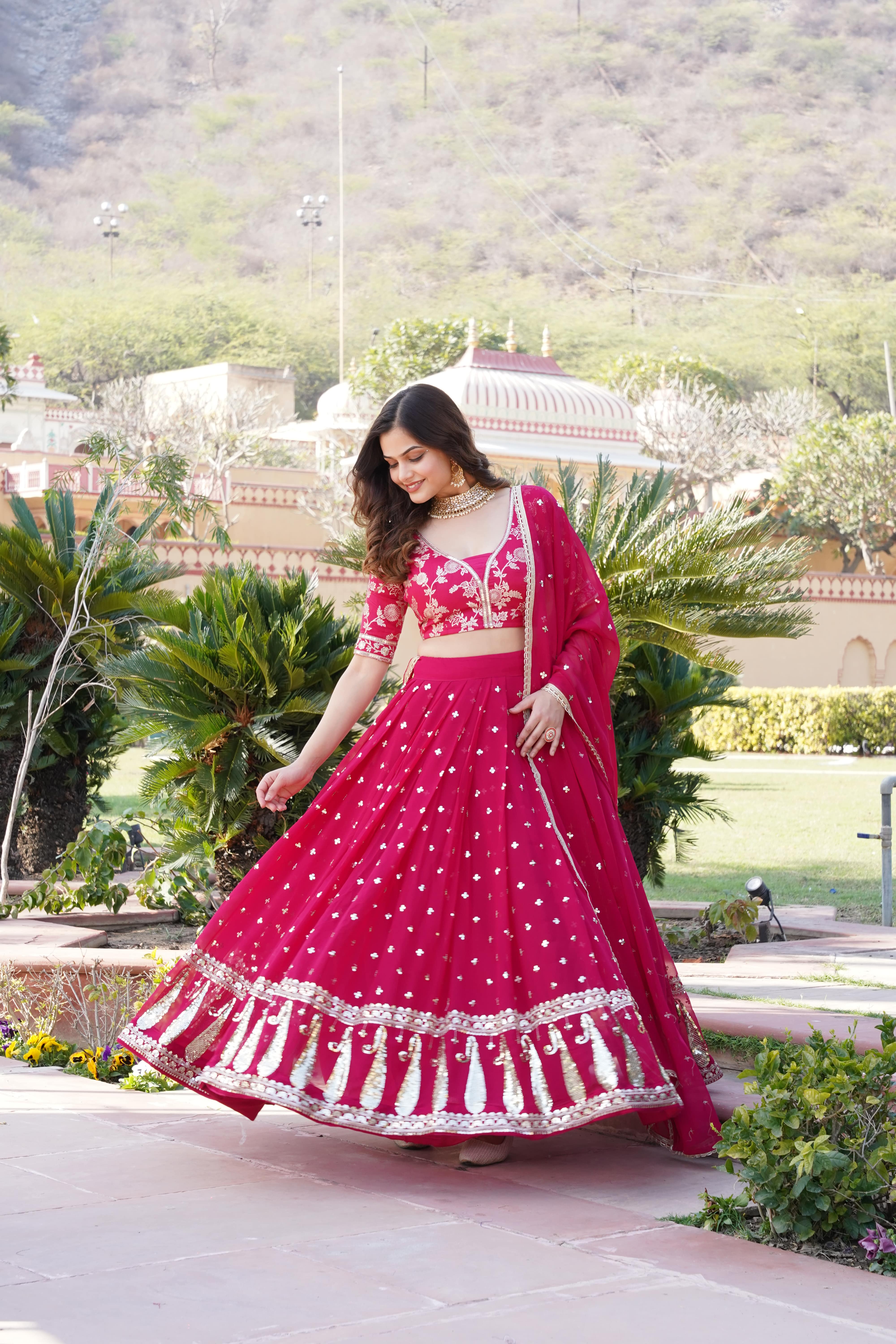 Elina Fashion Pink color Faux Georgette Embroidery Work Lehenga Choli for Women