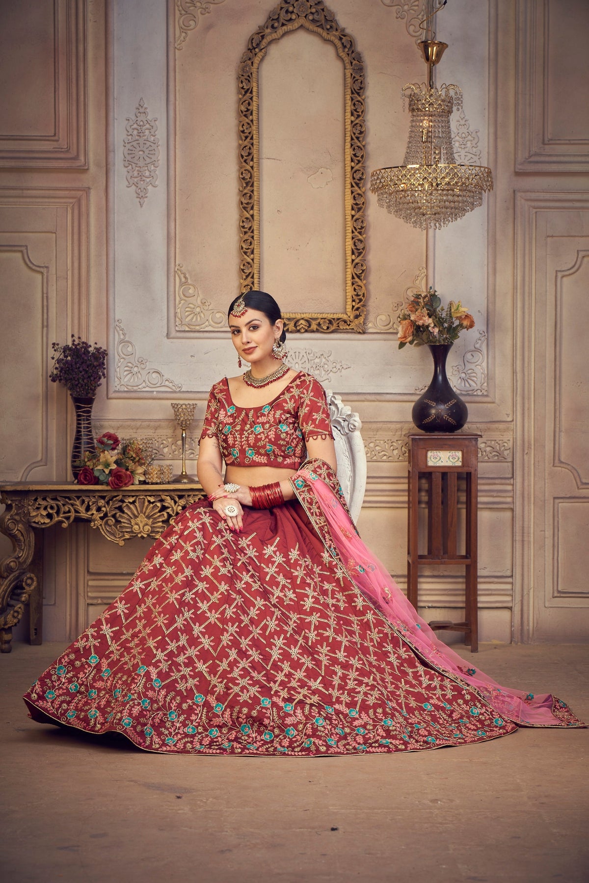 Elina Fashion Maroon color Taffeta Silk Embroidery Work  Lehenga Choli for Women