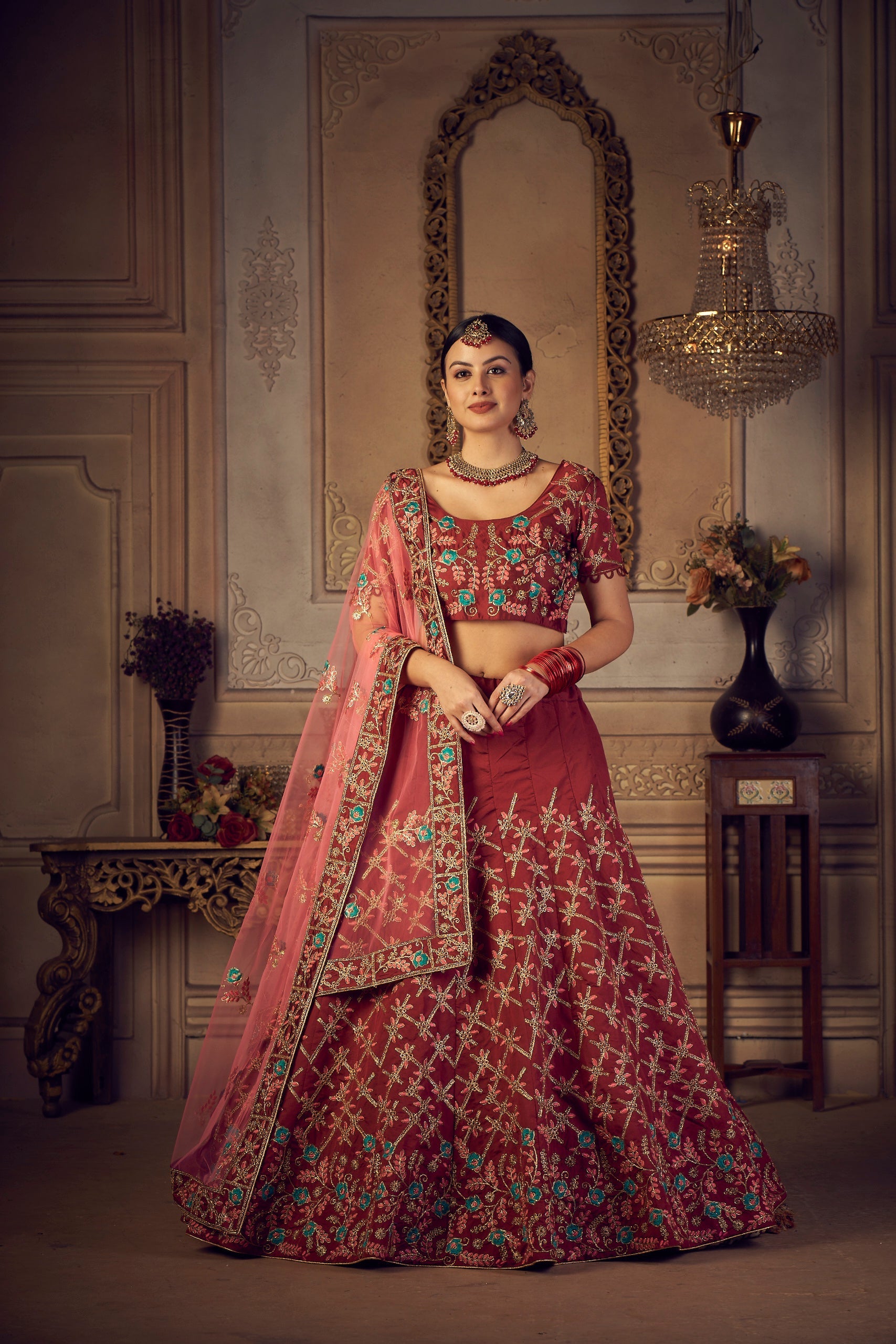 Elina Fashion Maroon color Taffeta Silk Embroidery Work  Lehenga Choli for Women