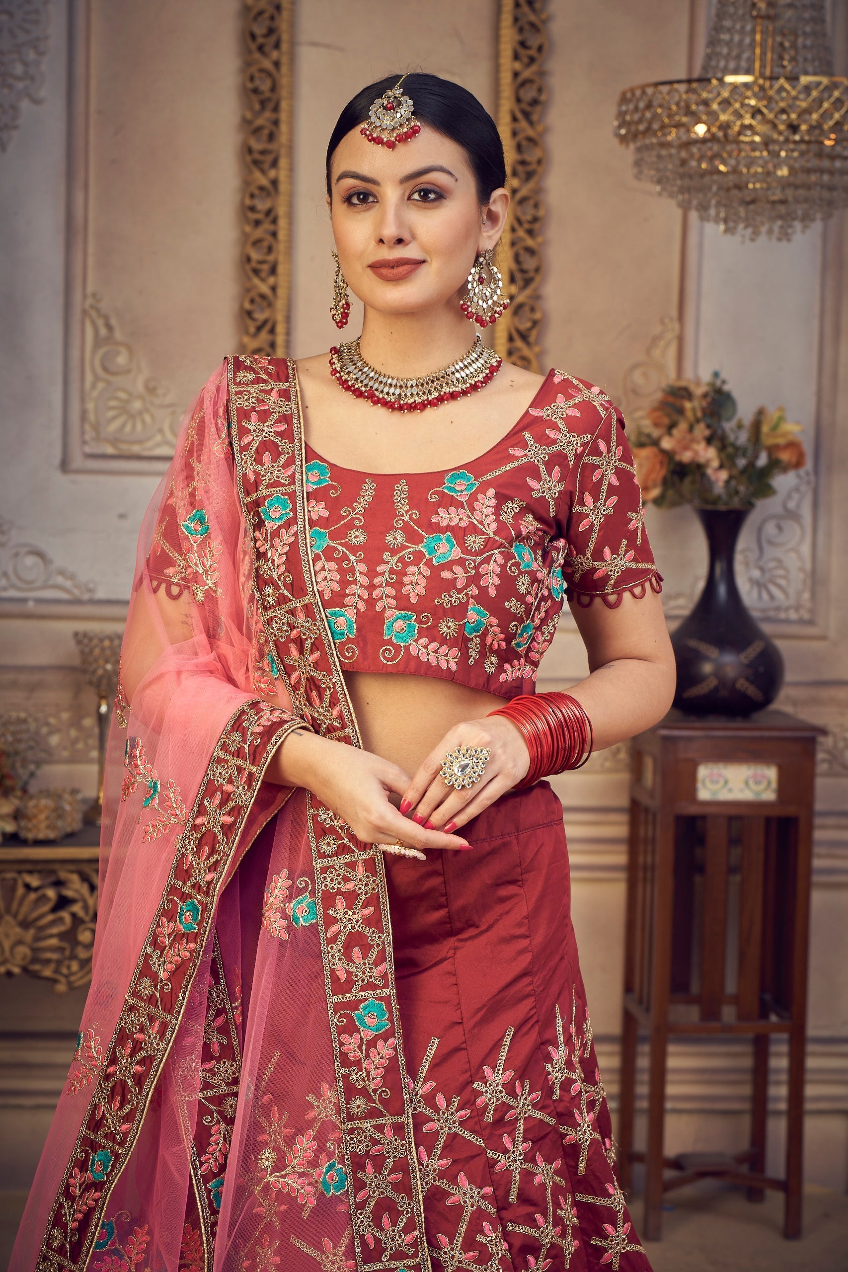 Elina Fashion Maroon color Taffeta Silk Embroidery Work  Lehenga Choli for Women