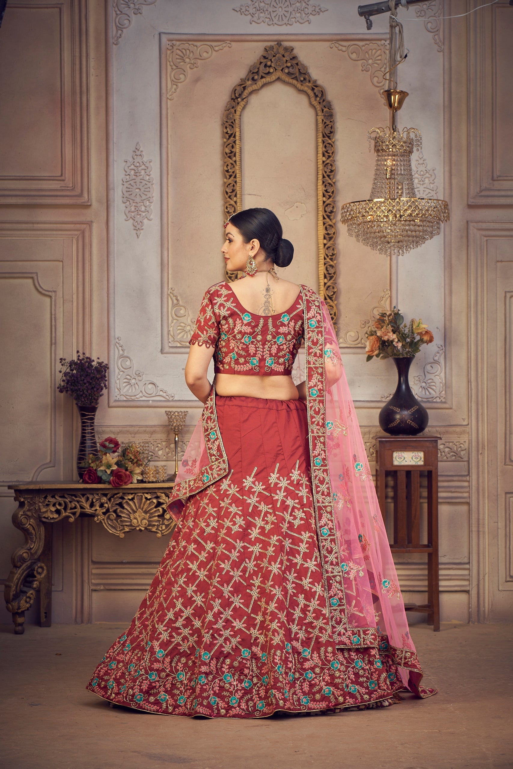 Elina Fashion Maroon color Taffeta Silk Embroidery Work  Lehenga Choli for Women