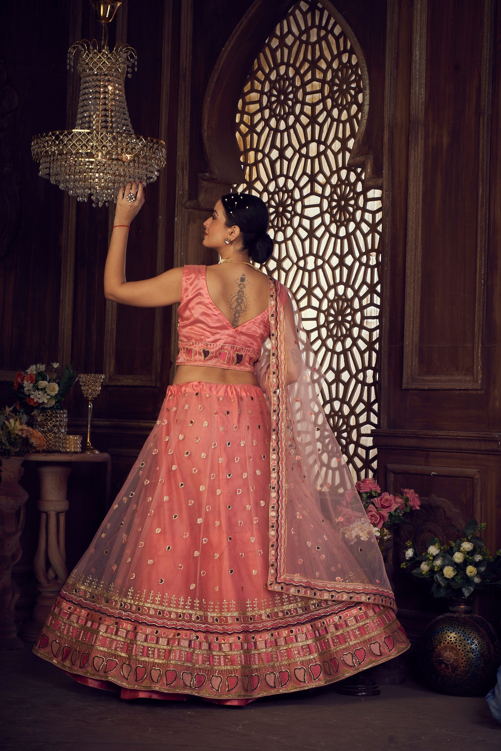 Elina Fashion Peach color Net Embroidery Work  Lehenga Choli for Women