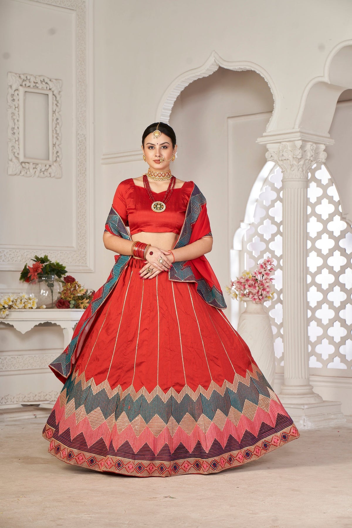 Elina Fashion Red color Taffeta Silk Embroidery Work  Lehenga Choli for Women