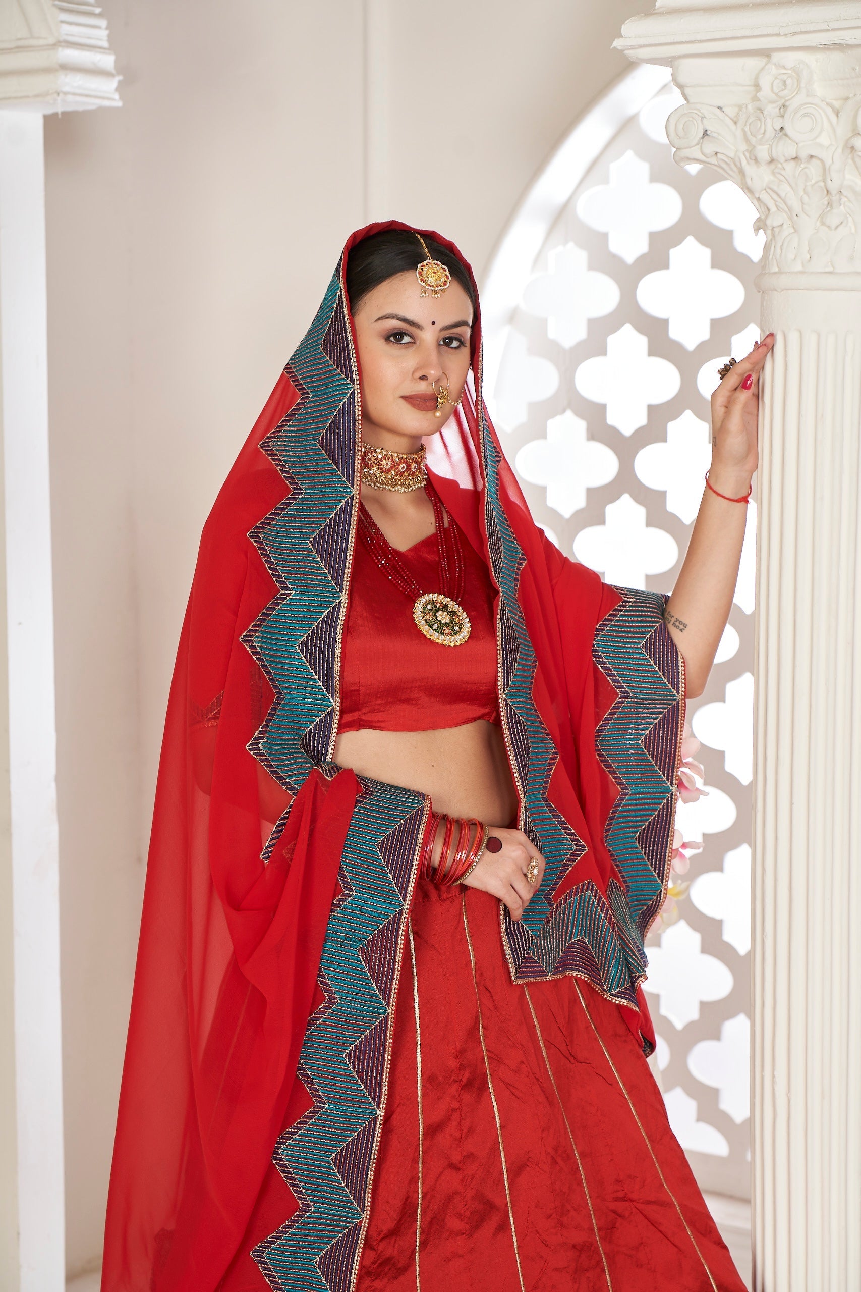 Elina Fashion Red color Taffeta Silk Embroidery Work  Lehenga Choli for Women