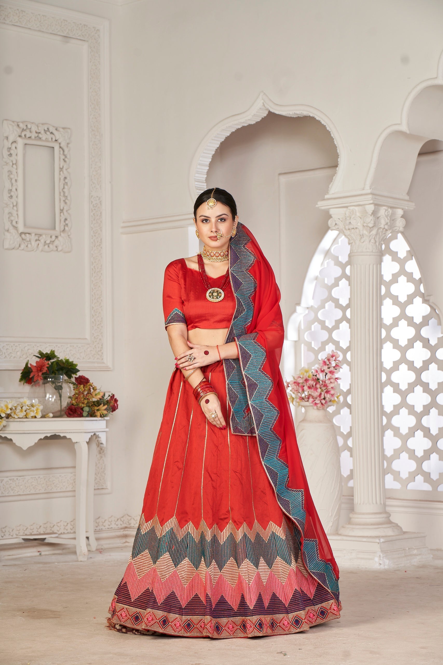 Elina Fashion Red color Taffeta Silk Embroidery Work  Lehenga Choli for Women