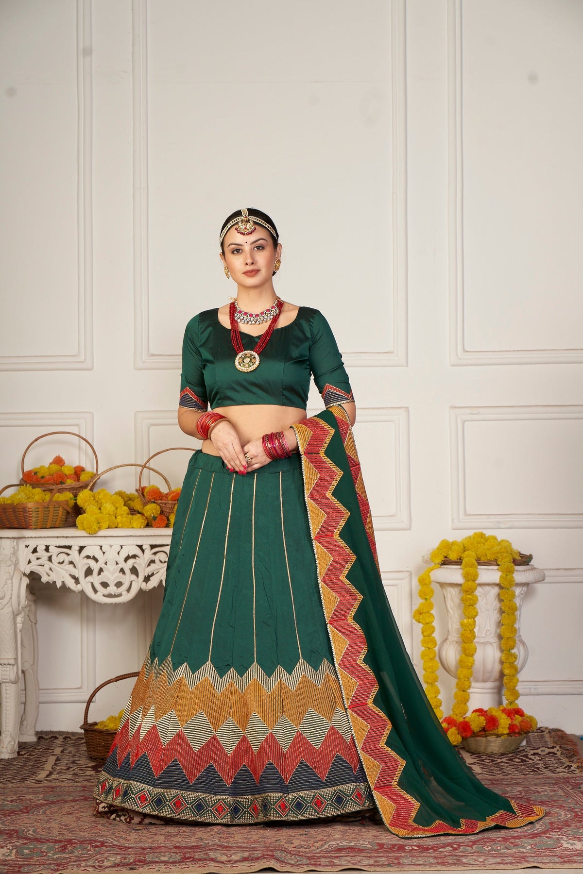 Elina Fashion Green color Taffeta Silk Embroidery Work Lehenga Choli for Women