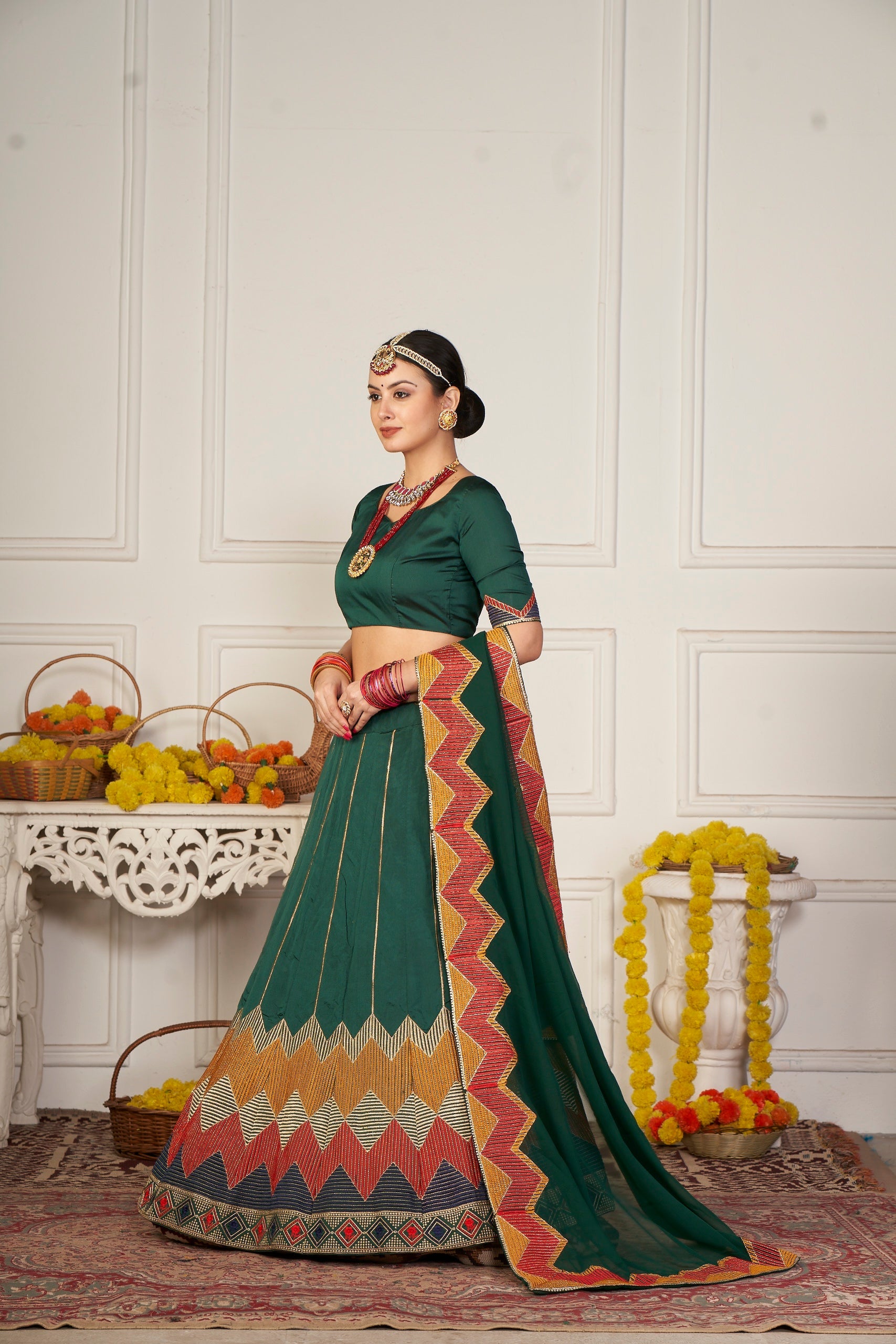 Elina Fashion Green color Taffeta Silk Embroidery Work Lehenga Choli for Women