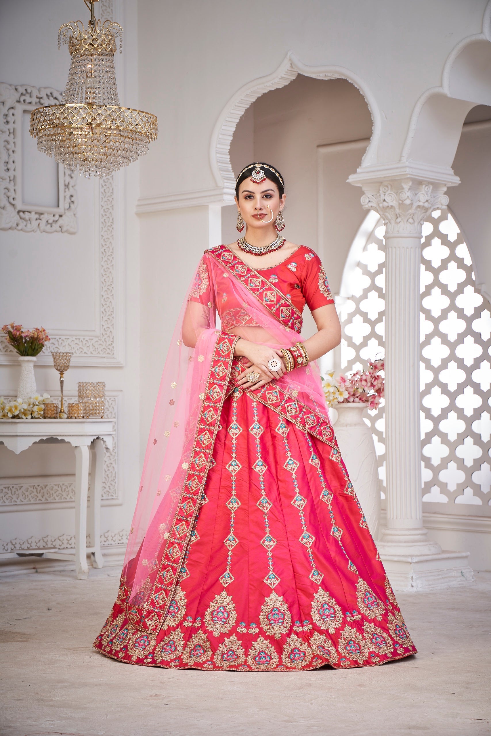 Elina Fashion Pink color Taffeta Silk Embroidery Work Lehenga Choli for Women