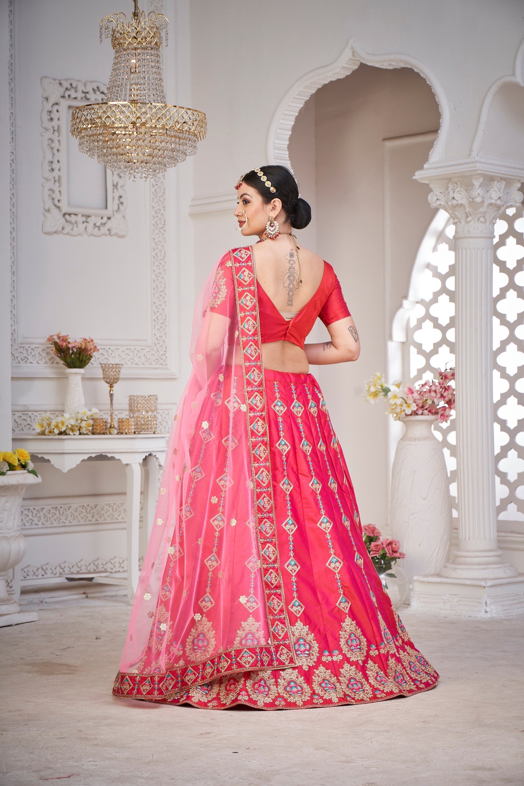 Elina Fashion Pink color Taffeta Silk Embroidery Work Lehenga Choli for Women