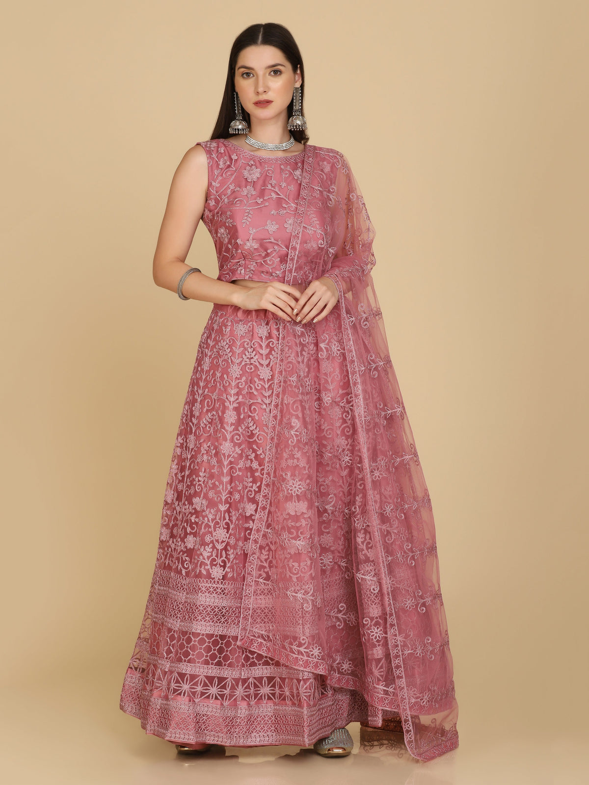 Elina Fashion Pink color Net Embroidery Work Lehenga Choli for Women