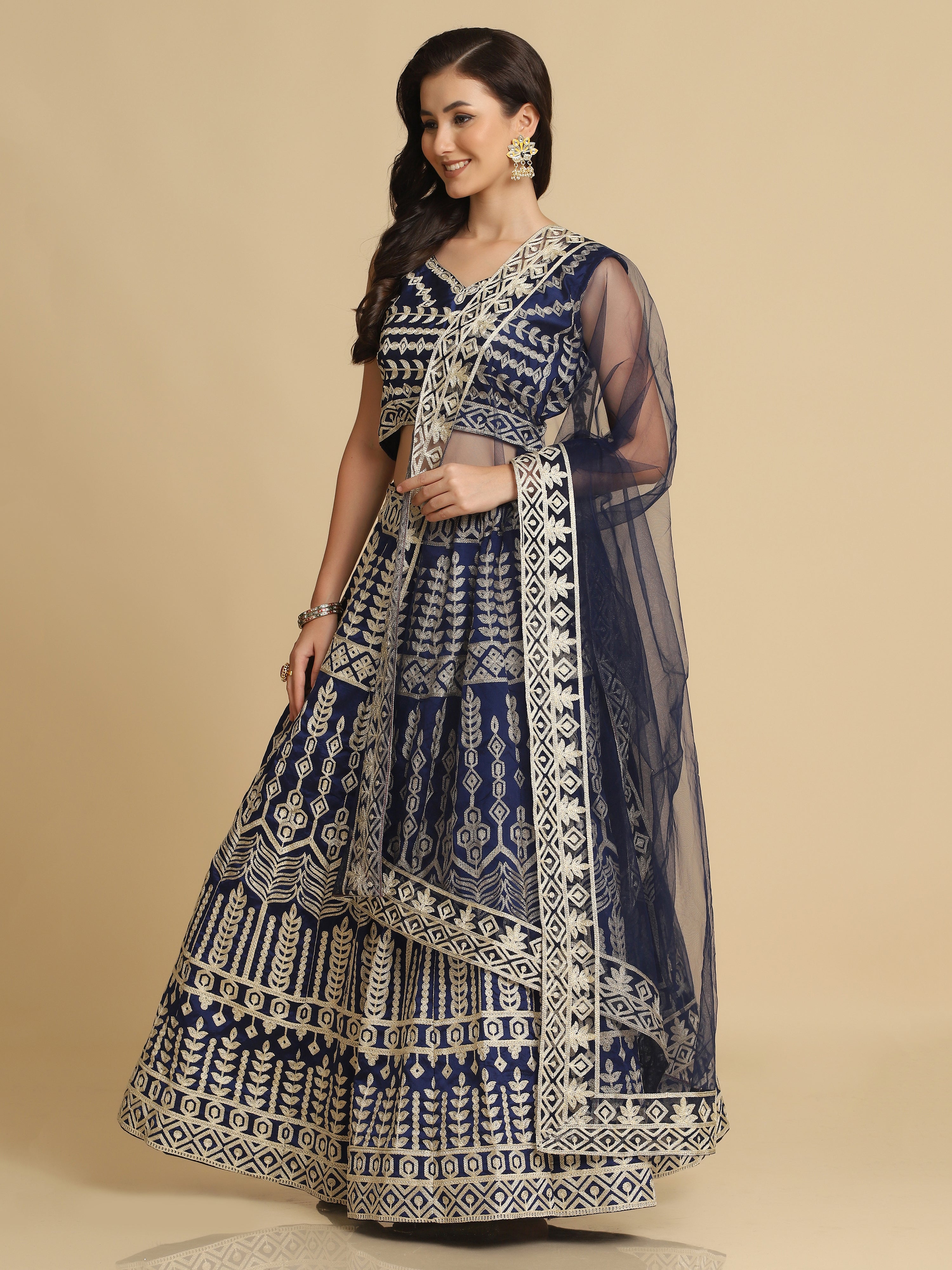 Elina Fashion Blue color Taffeta Silk Embroidery Work Lehenga Choli for Women