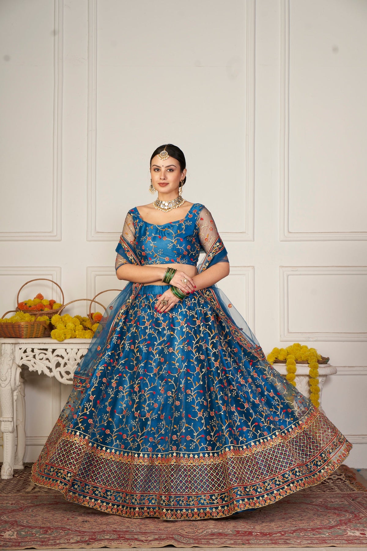 Elina Fashion Teal color Net Embroidery Work  Lehenga Choli for Women