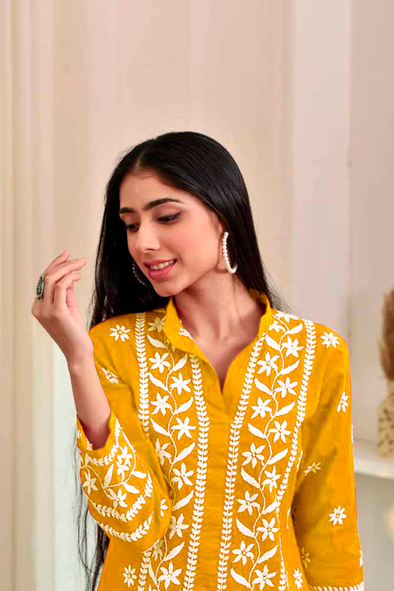 Yellow Rayon Chikankari Embroidery  Kurti