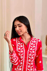 Red Rayon Chikankari Embroidery  Kurti