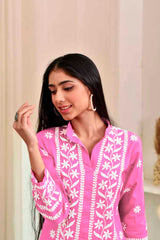 Pink Rayon Chikankari Embroidery  Kurti