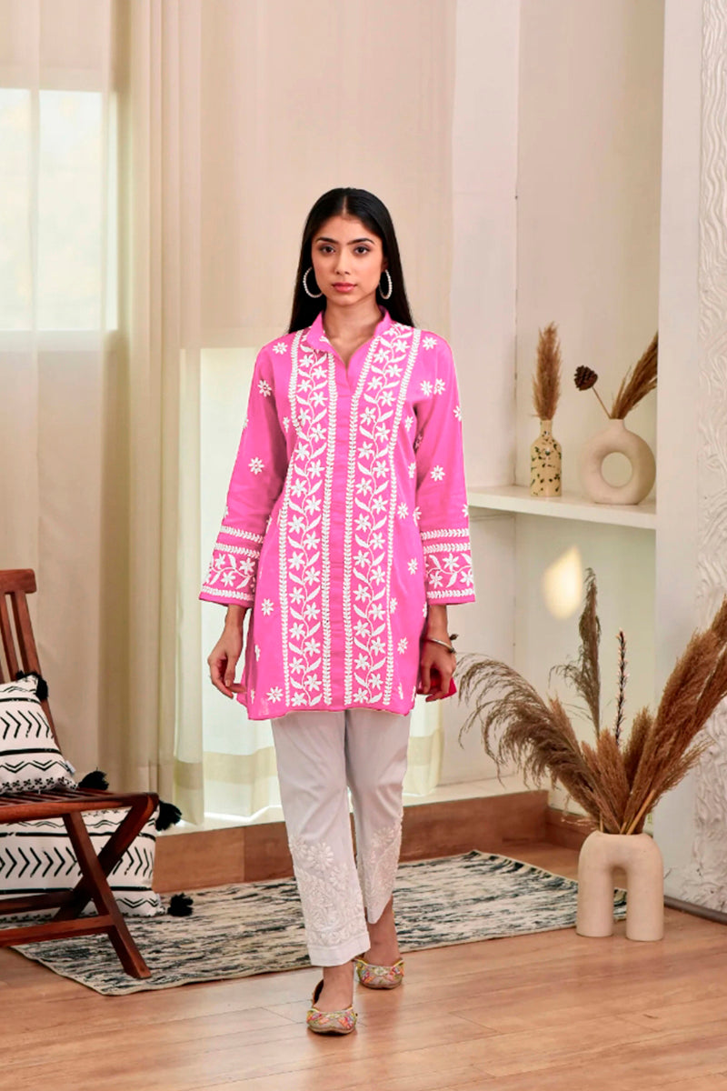 Pink Rayon Chikankari Embroidery  Kurti