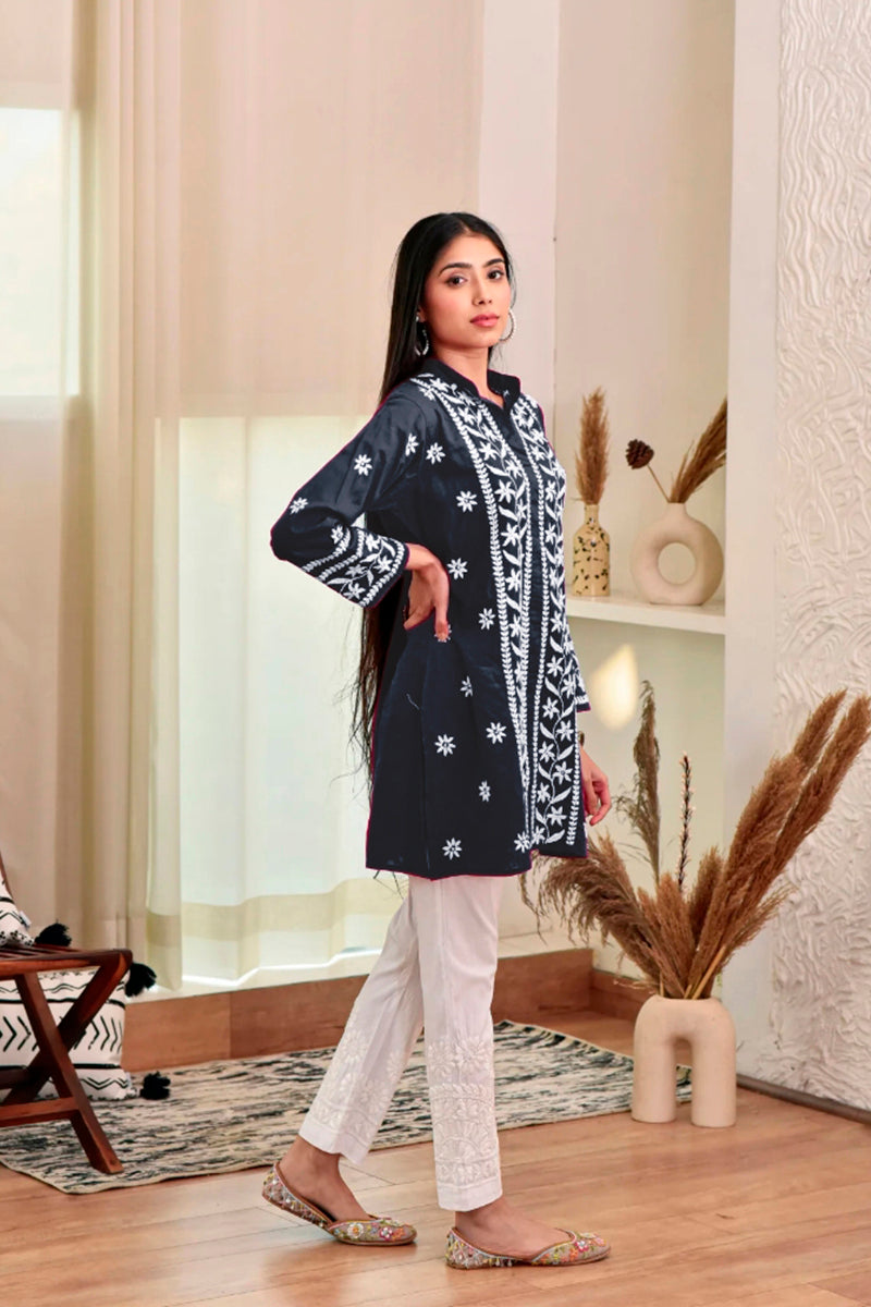 Navy Blue Rayon Chikankari Embroidery  Kurti