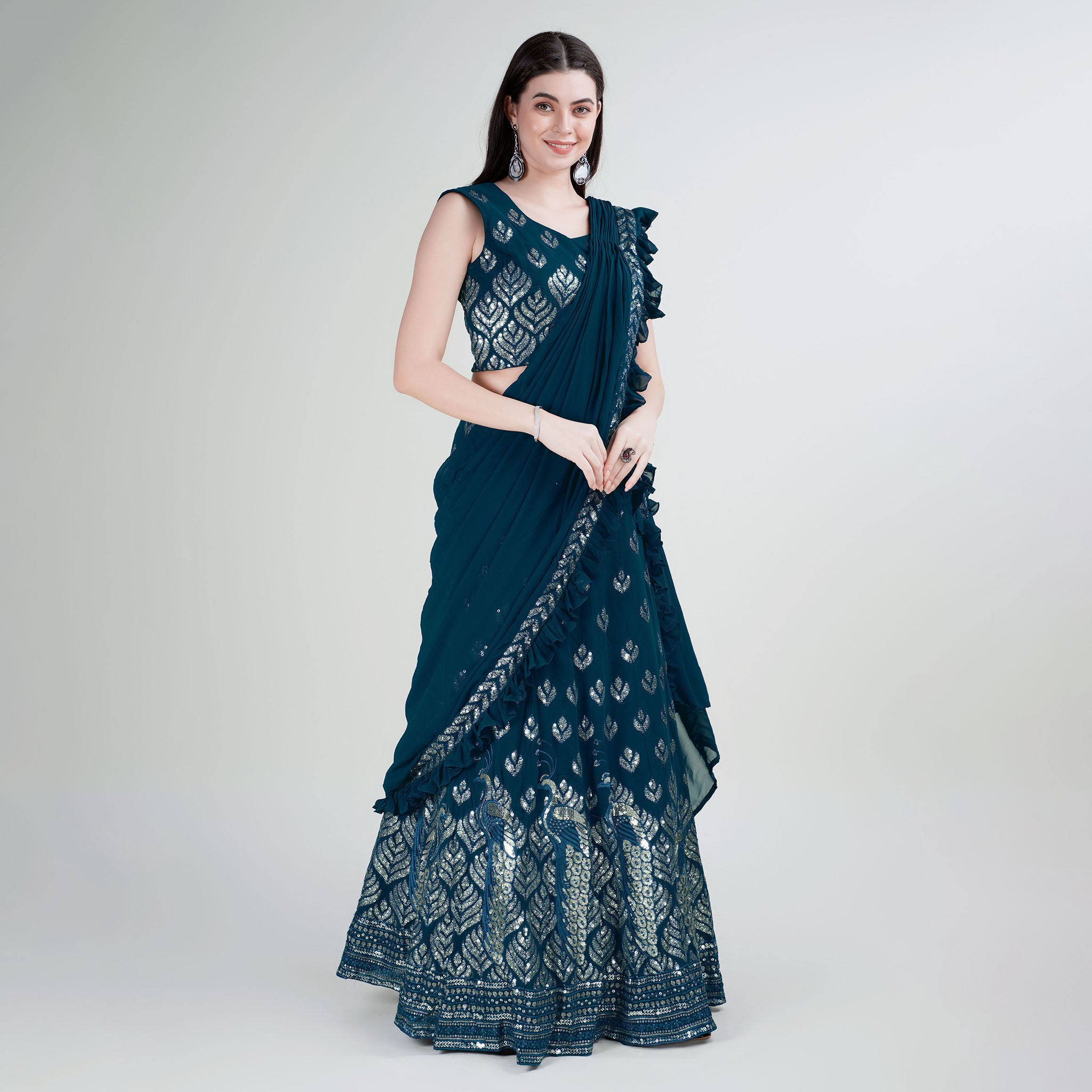 Elina Fashion Teal color Georgette Embroidery Work Ready To Wear Lehenga Choli for Women