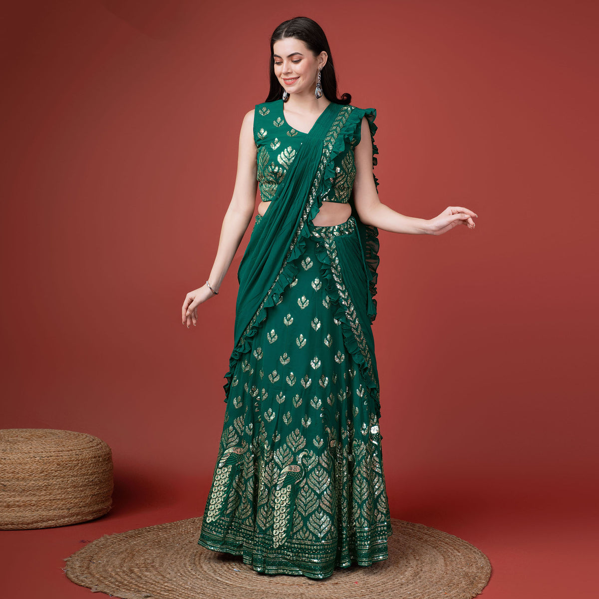 Elina Fashion Green color Georgette Embroidery Work Ready To Wear Lehenga Choli for Women