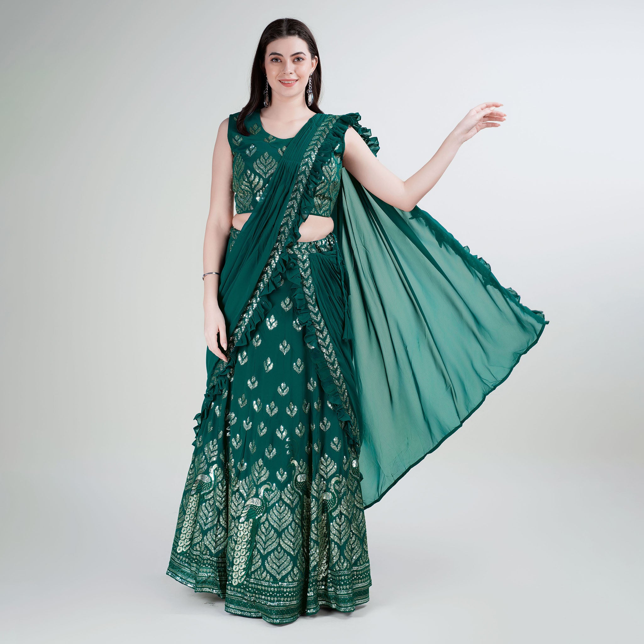 Elina Fashion Green color Georgette Embroidery Work Ready To Wear Lehenga Choli for Women