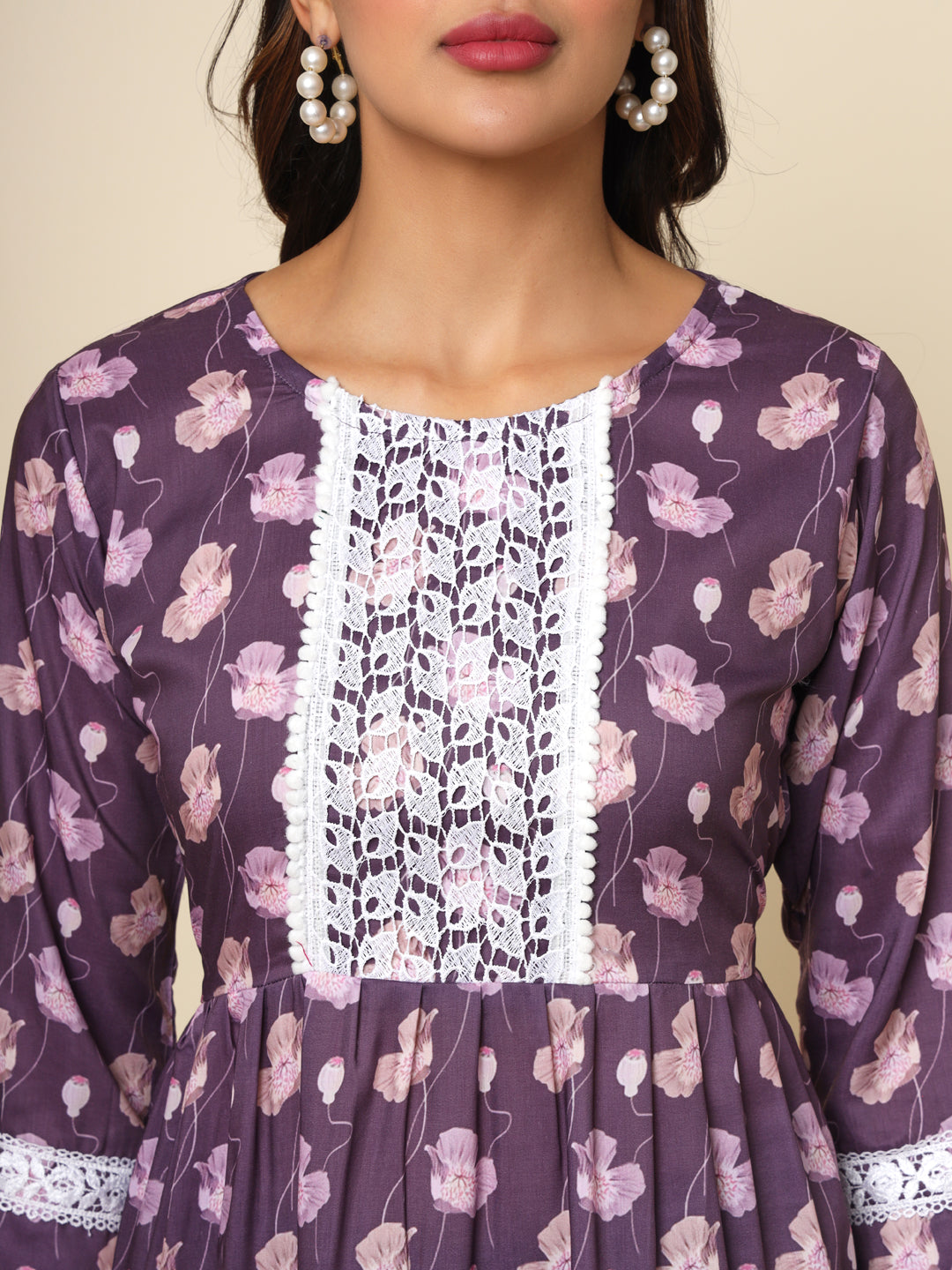 Purple Cotton Printed Lace Tunic