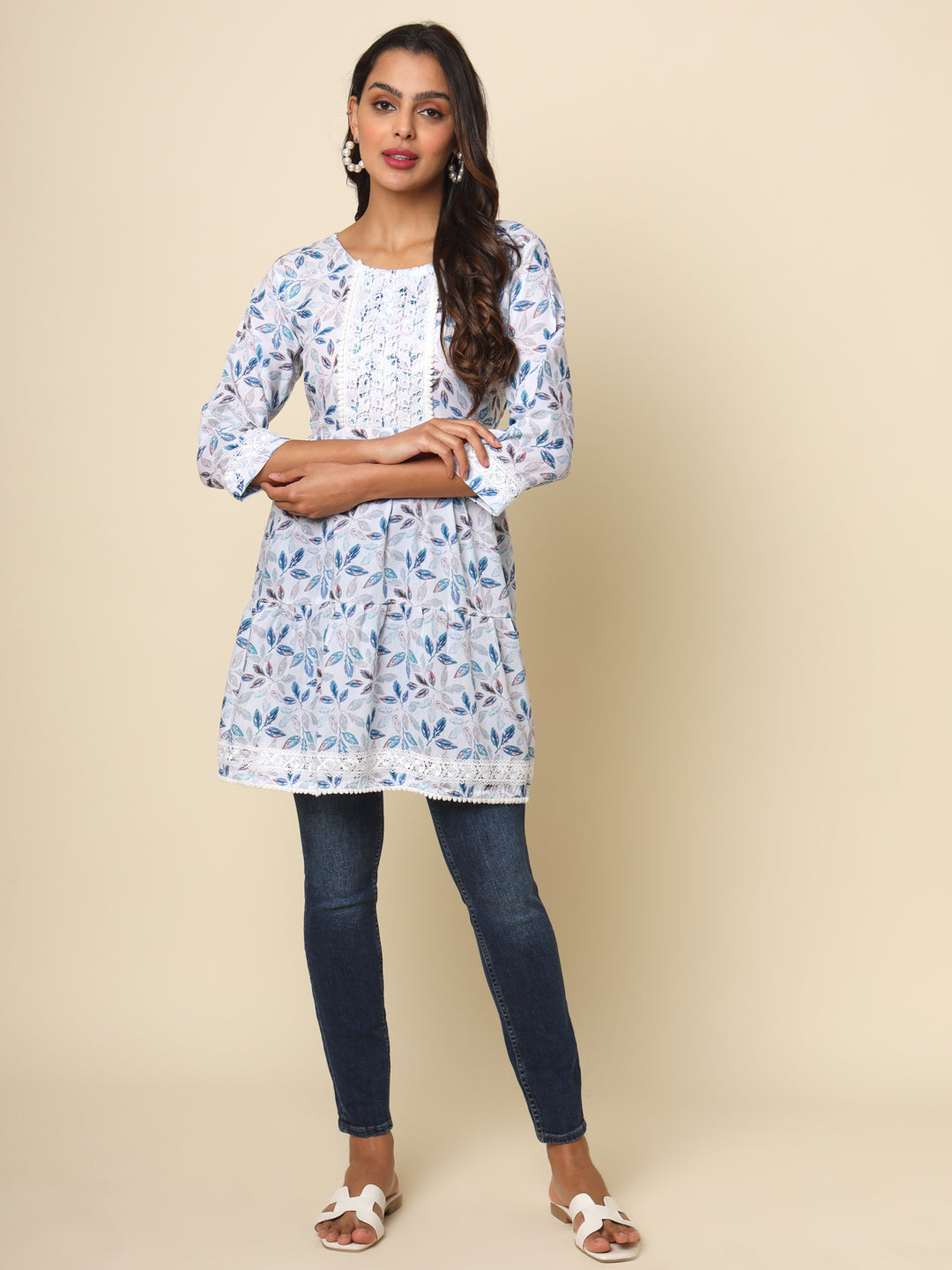 Off White Colored Cotton Printed Lace Work  Tunic For Women