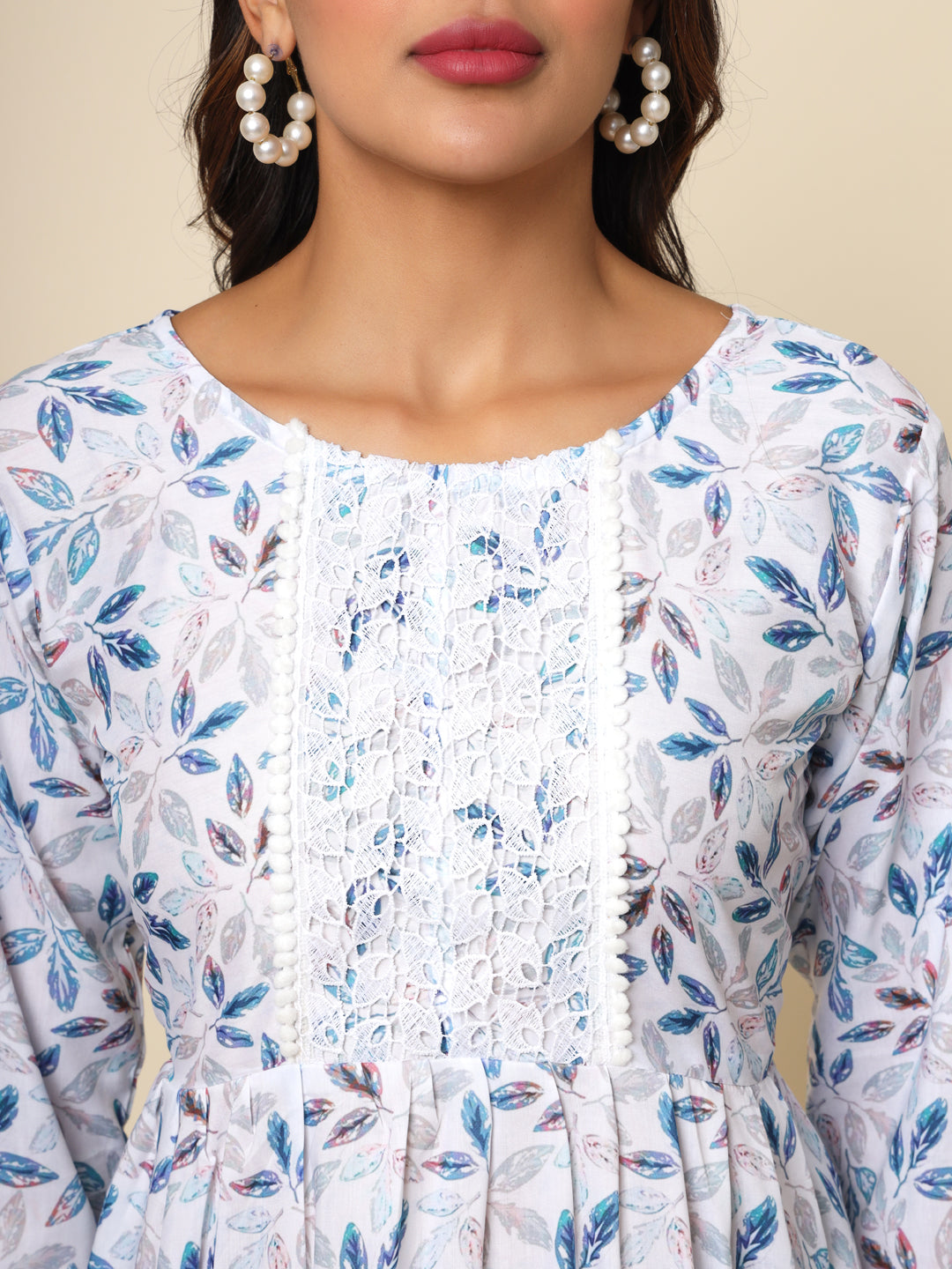 Off White Colored Cotton Printed Lace Work  Tunic For Women