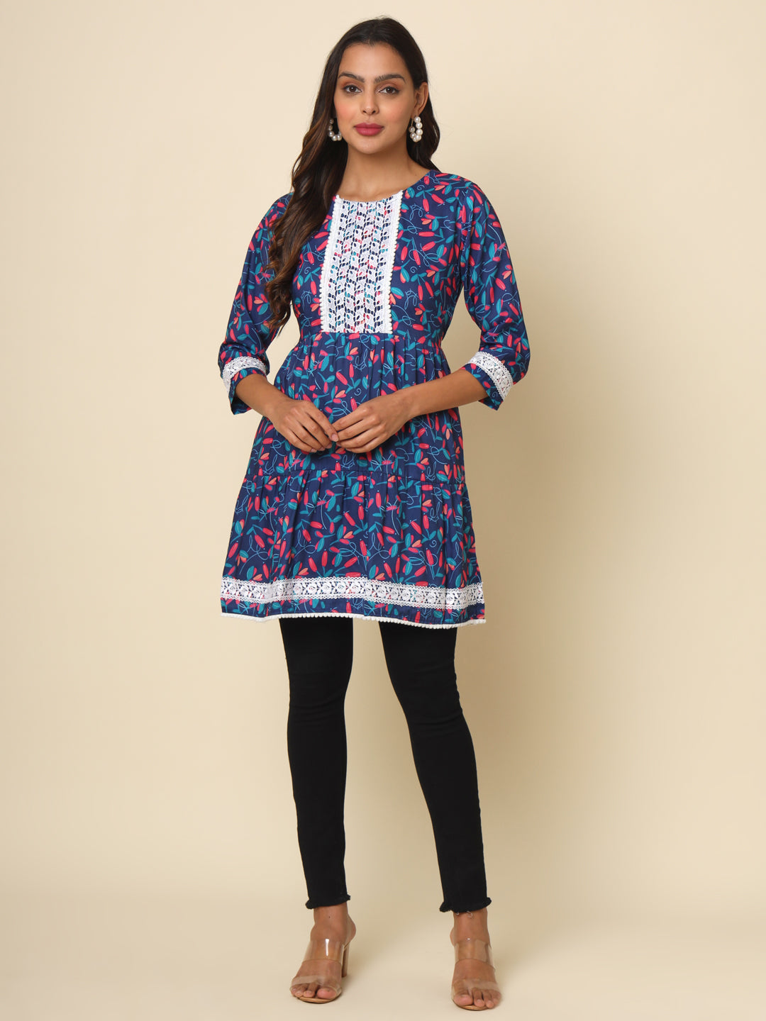 Blue Colored Cotton Printed Lace Work  Tunic For Women