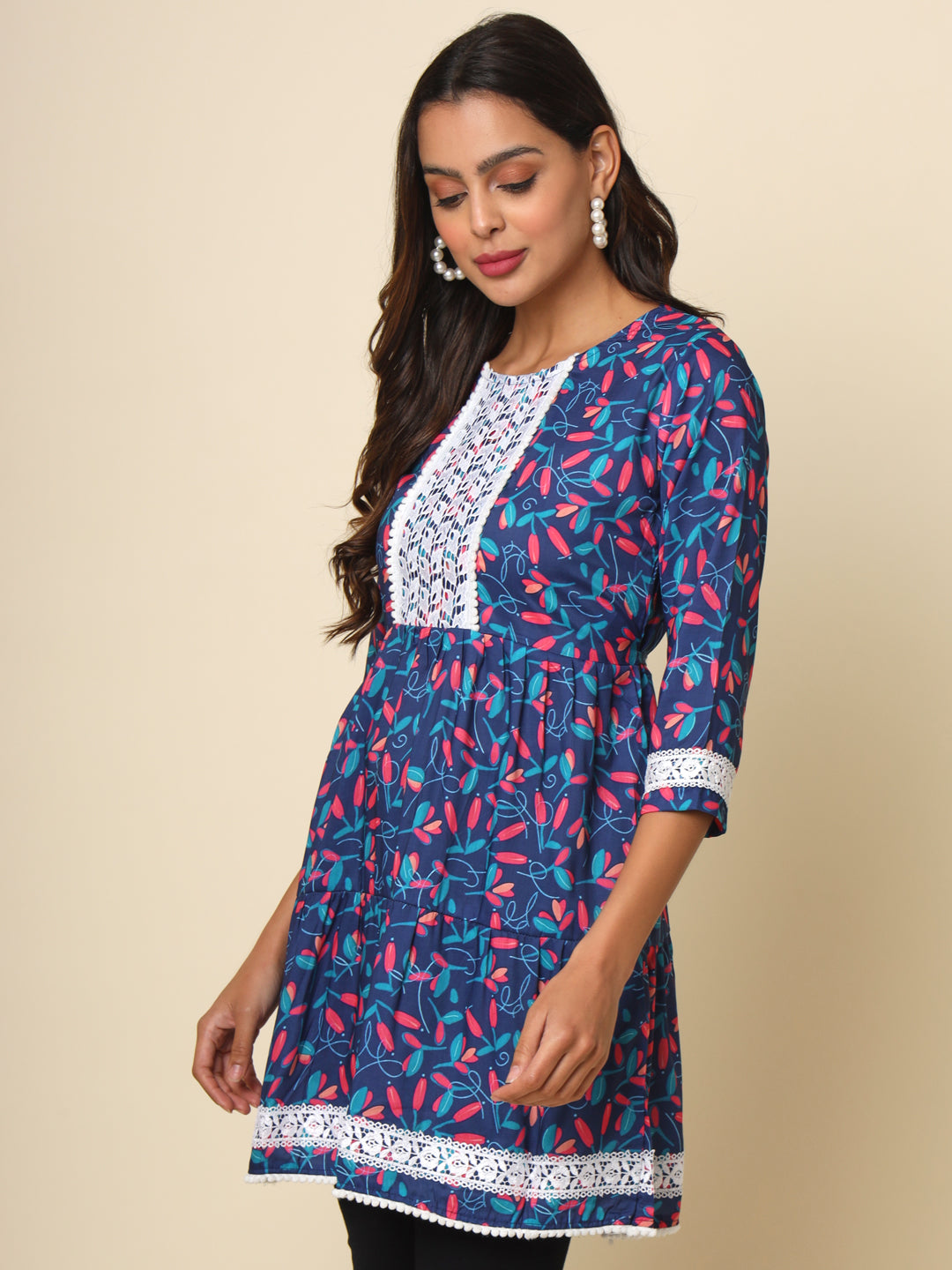 Blue Colored Cotton Printed Lace Work  Tunic For Women