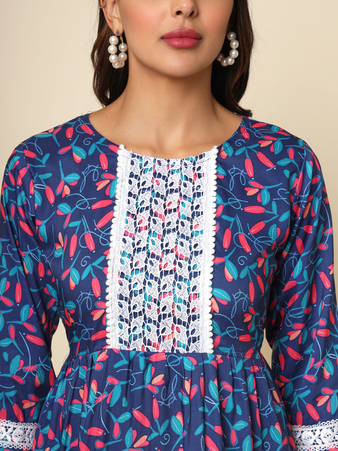 Blue Colored Cotton Printed Lace Work  Tunic For Women