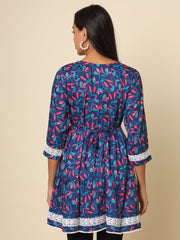 Blue Colored Cotton Printed Lace Work  Tunic For Women