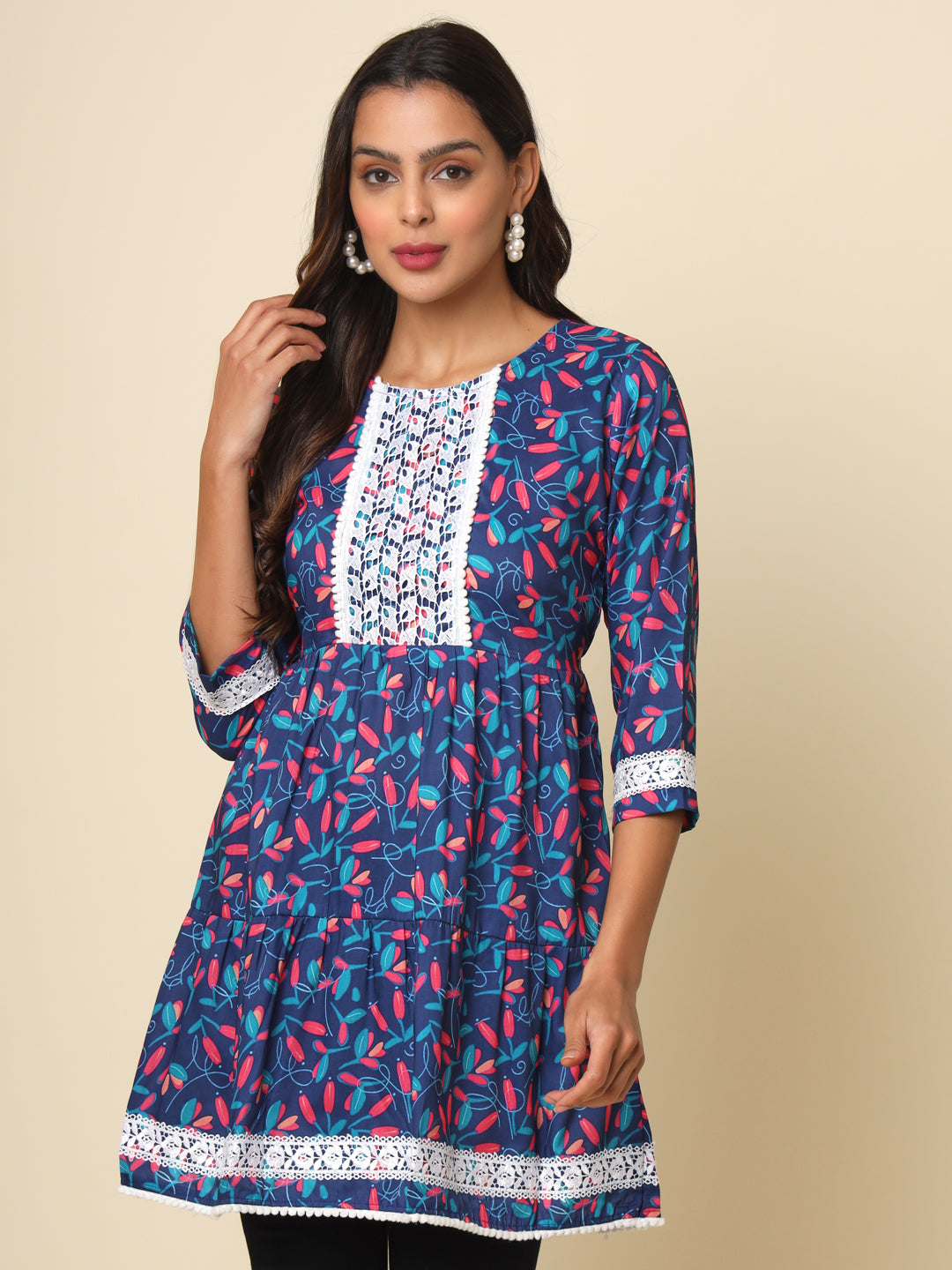 Blue Colored Cotton Printed Lace Work  Tunic For Women