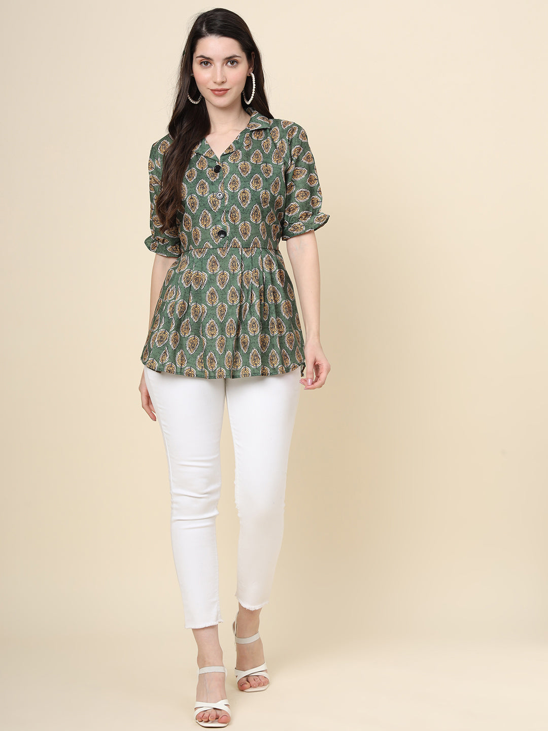 Green Colored Cotton Printed  Tunic For Women