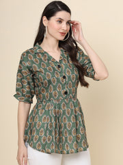 Green Colored Cotton Printed  Tunic For Women