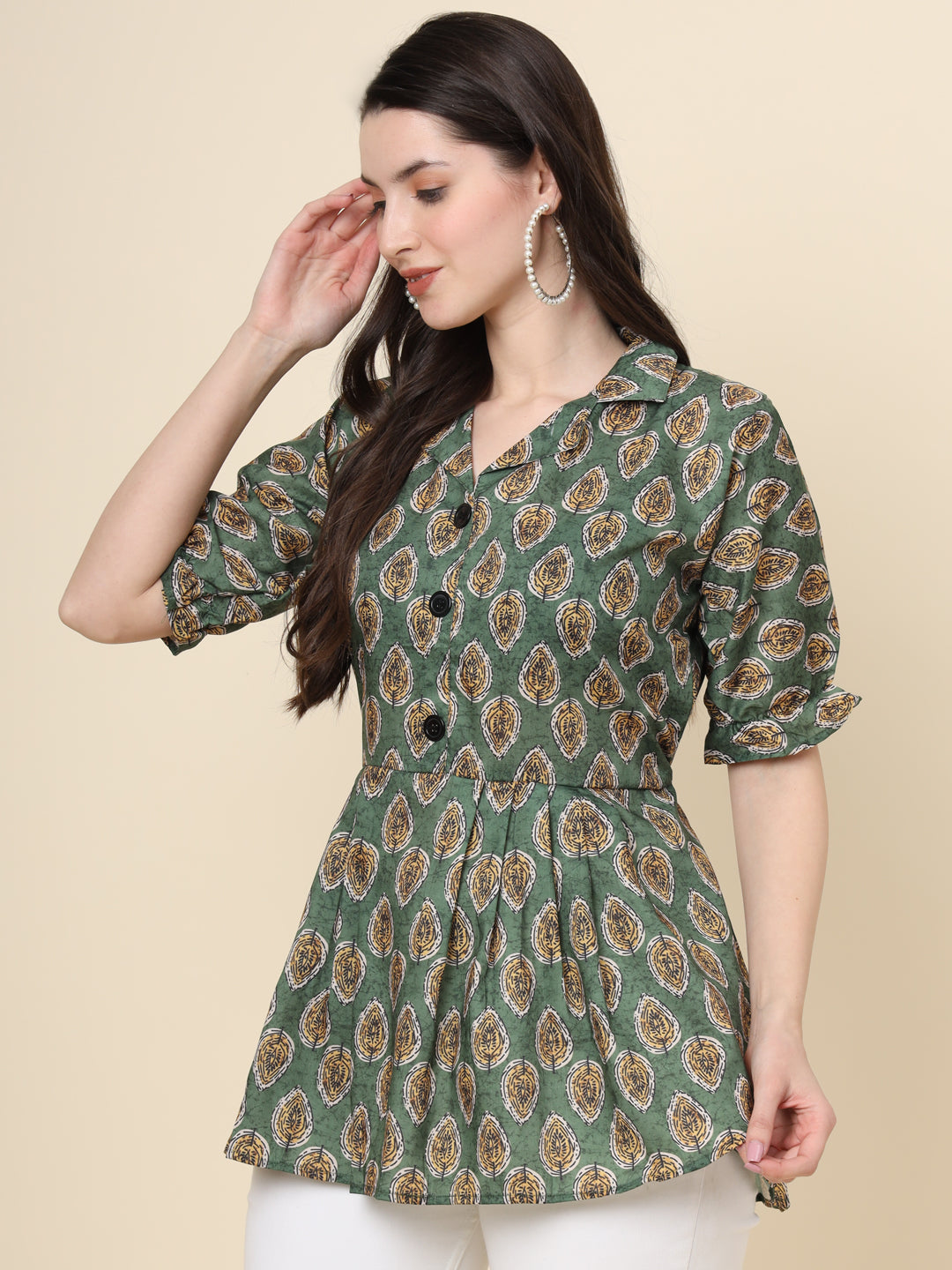 Green Colored Cotton Printed  Tunic For Women