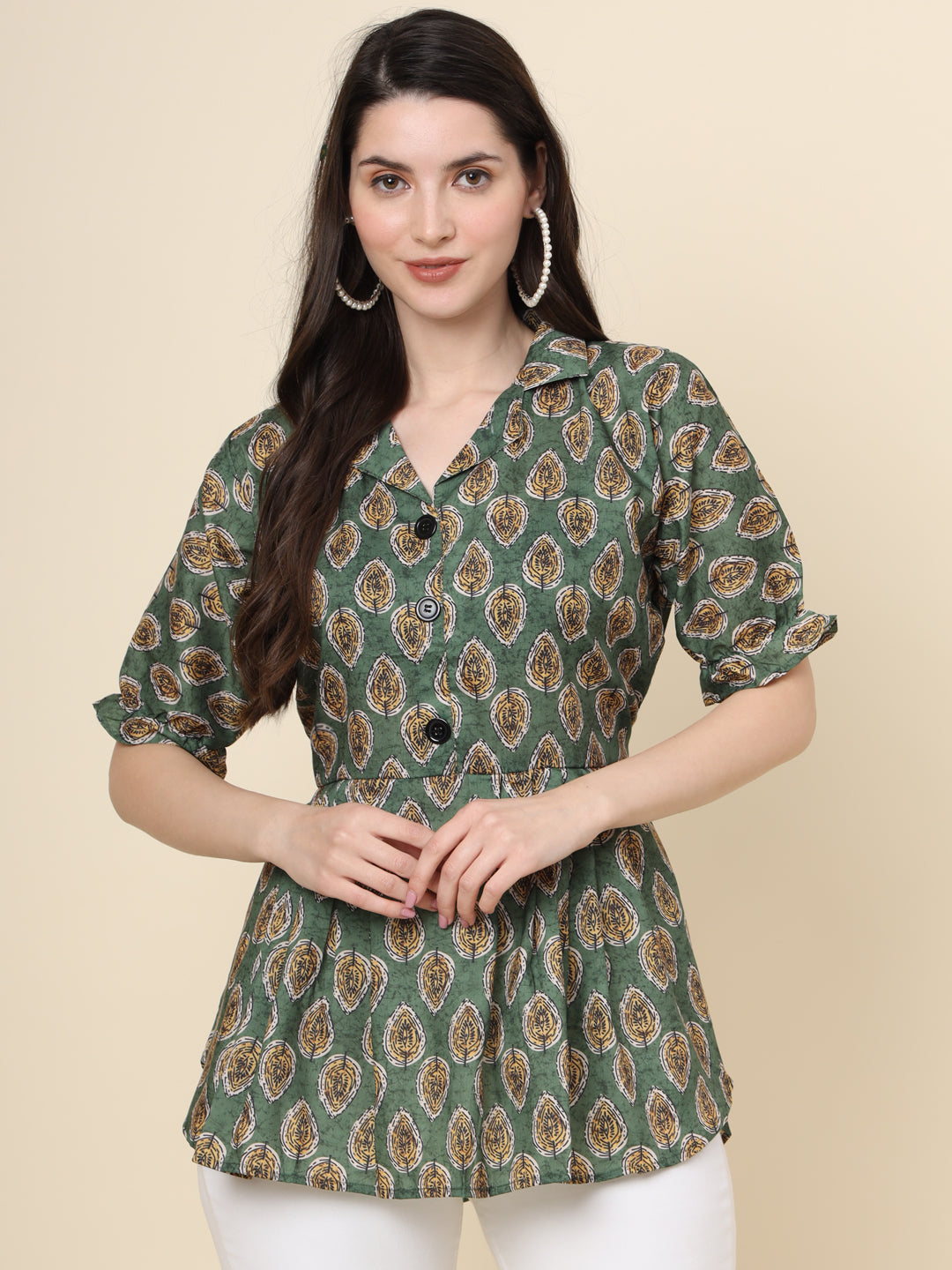 Green Colored Cotton Printed  Tunic For Women