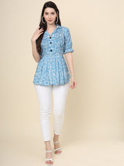 Blue Colored Cotton Printed  Tunic For Women