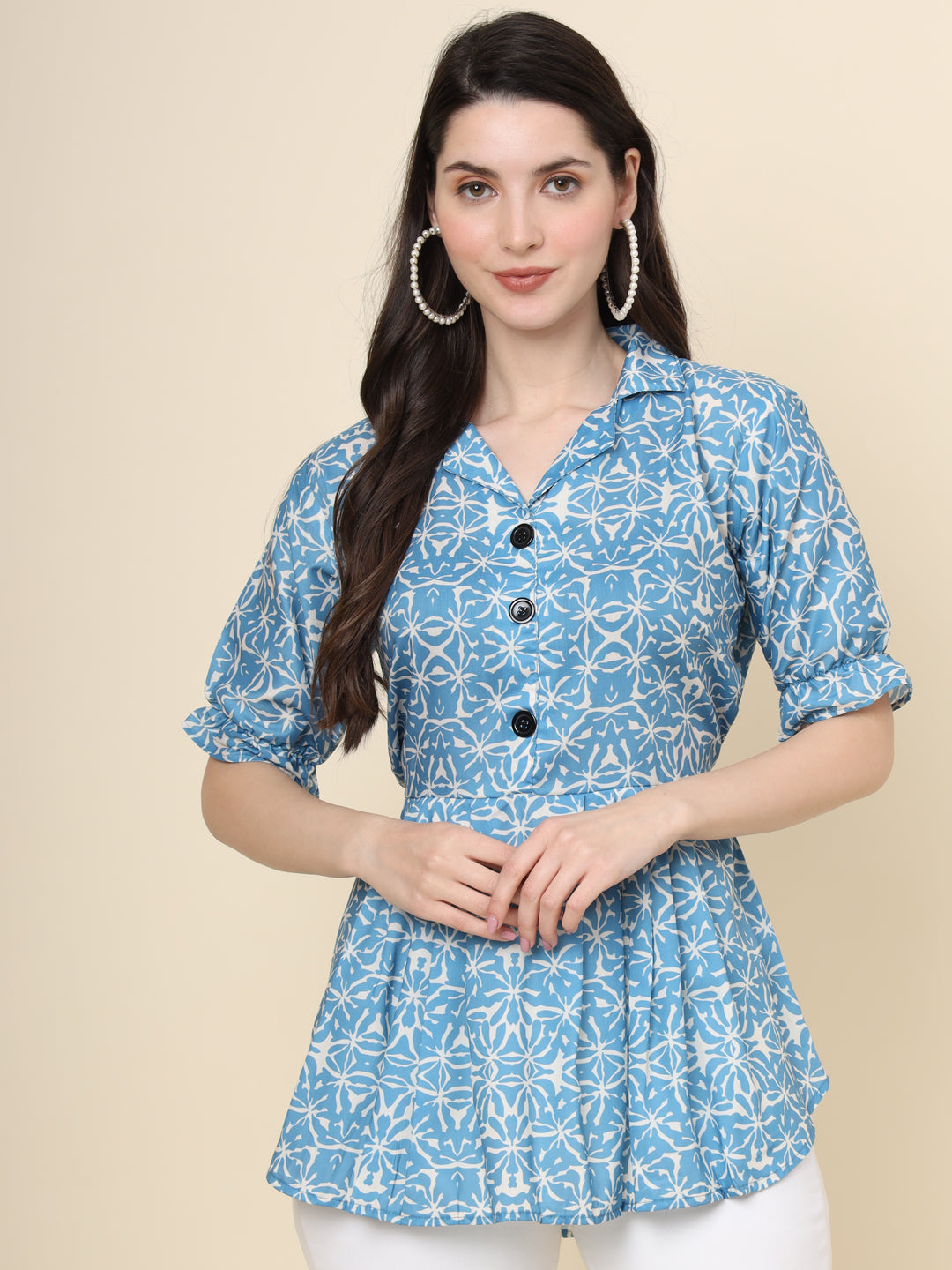 Blue Colored Cotton Printed  Tunic For Women