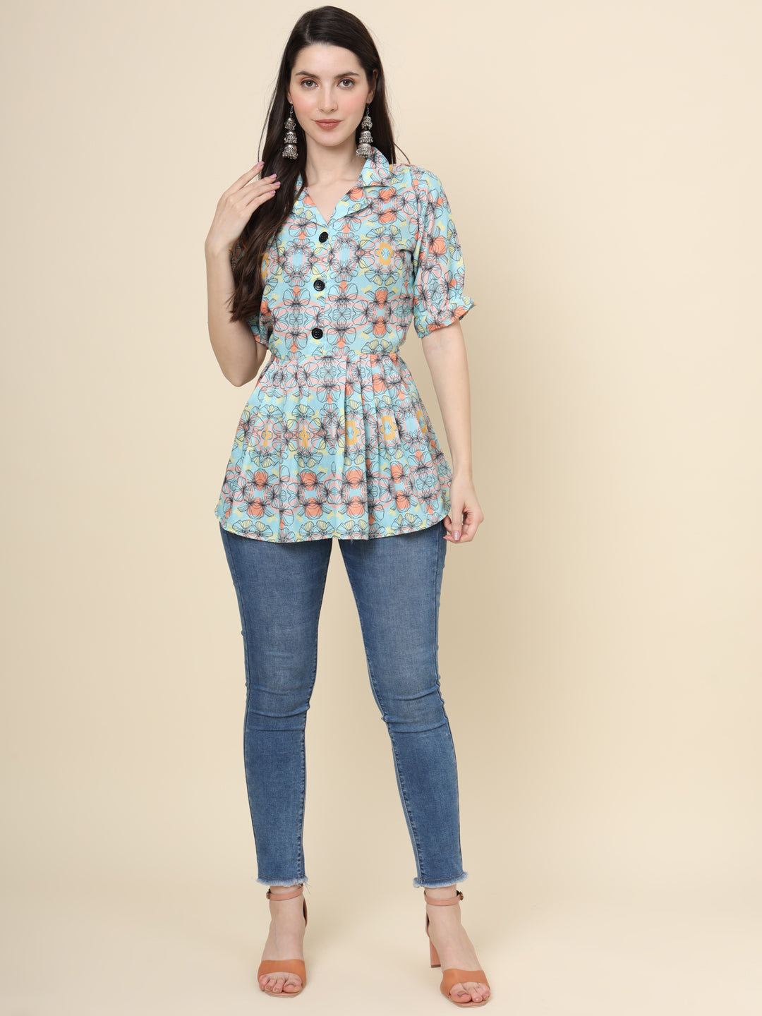 Green Colored Cotton Printed  Tunic For Women