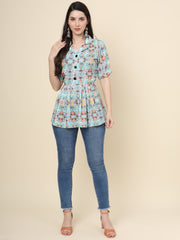 Green Colored Cotton Printed  Tunic For Women