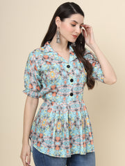 Green Colored Cotton Printed  Tunic For Women