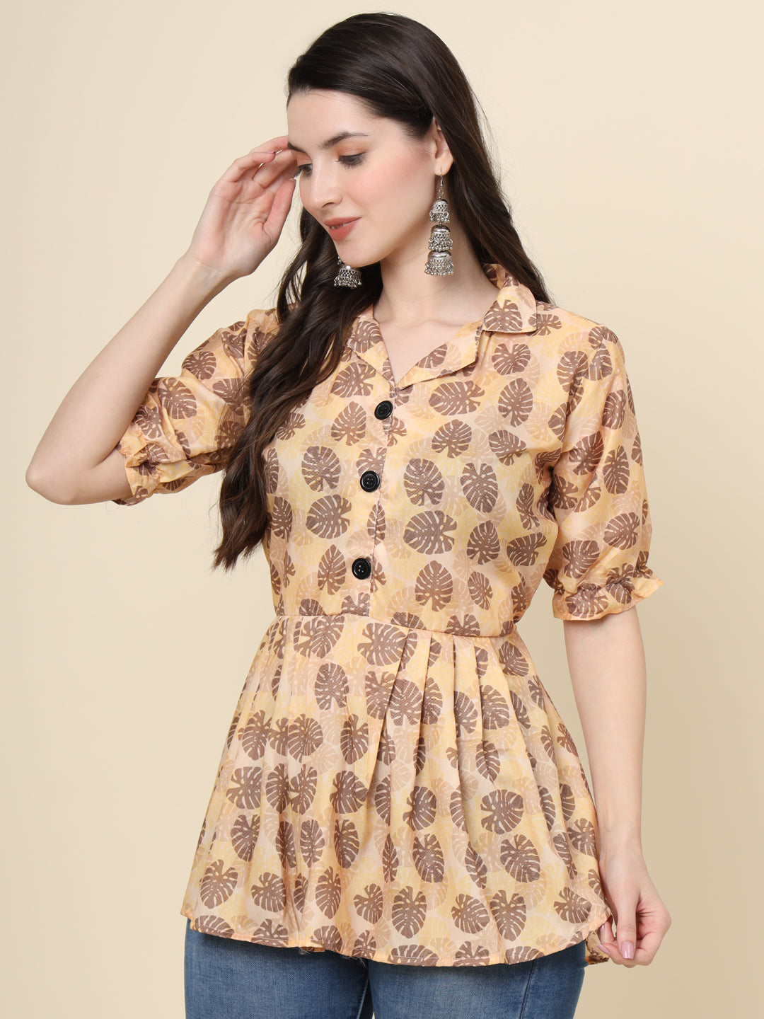 Peach Colored Cotton Printed  Tunic For Women