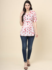 White Colored Cotton Printed  Tunic For Women