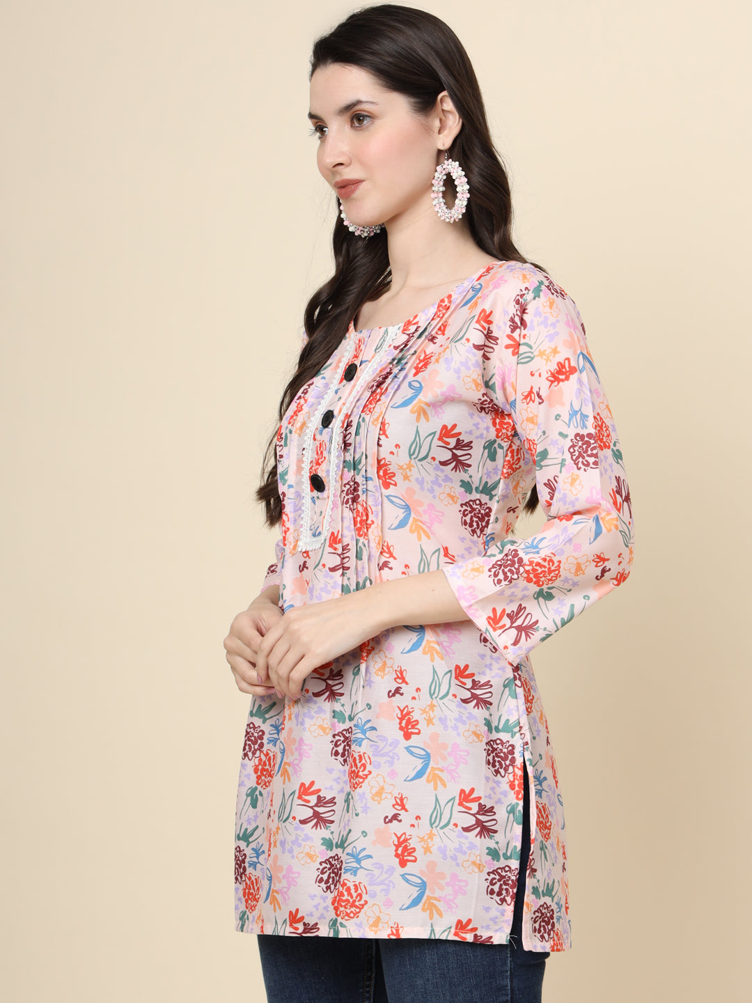 Peach Colored Cotton Printed  Tunic For Women